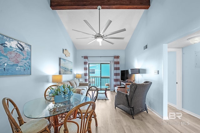 dining room featuring light wood-type flooring, visible vents, and beamed ceiling