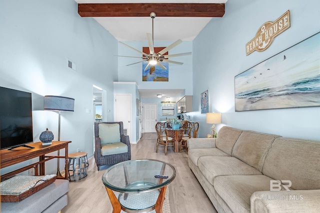 living area featuring beamed ceiling, visible vents, light wood finished floors, and ceiling fan