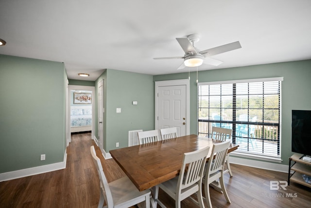 dining room featuring baseboards, wood finished floors, and a ceiling fan