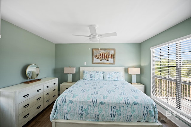 bedroom featuring dark wood-style floors and ceiling fan