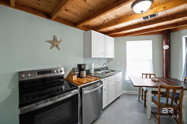 kitchen with stainless steel appliances, a sink, wood ceiling, beamed ceiling, and finished concrete floors