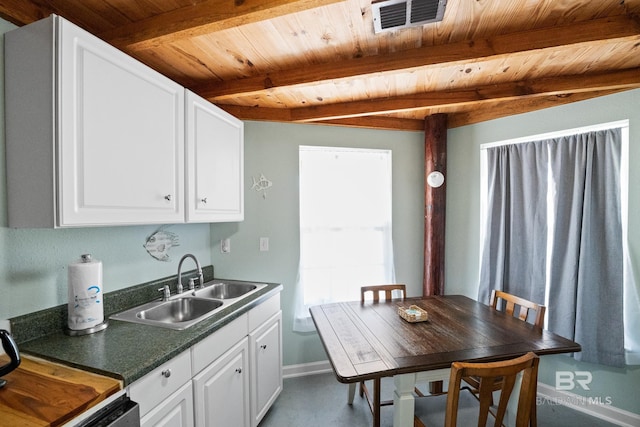 kitchen with wooden ceiling, a sink, dark countertops, beam ceiling, and white cabinets