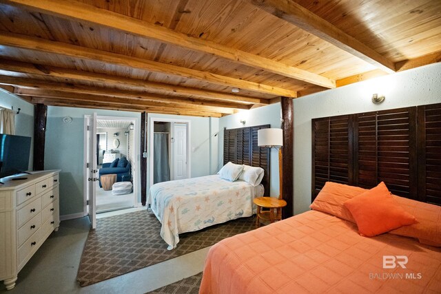 bedroom with wooden ceiling and beam ceiling