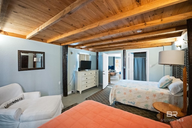 bedroom with wooden ceiling, beamed ceiling, and access to exterior