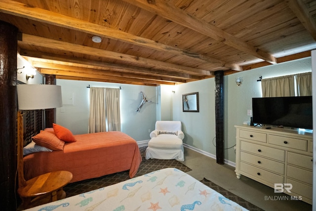 bedroom with beamed ceiling, wooden ceiling, and baseboards