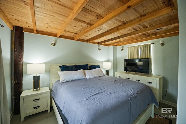 carpeted bedroom with beamed ceiling and wooden ceiling