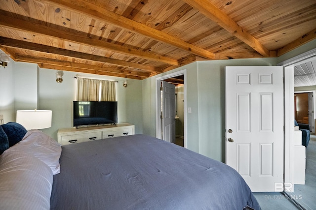 bedroom with beamed ceiling and wooden ceiling