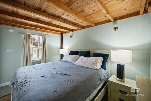 bedroom with wood ceiling, beamed ceiling, and baseboards