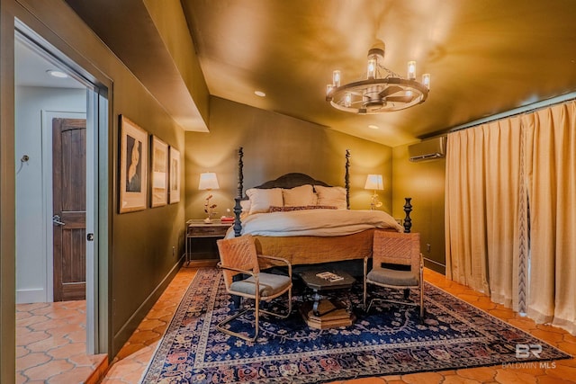 bedroom with tile patterned floors, a wall mounted AC, vaulted ceiling, and a notable chandelier