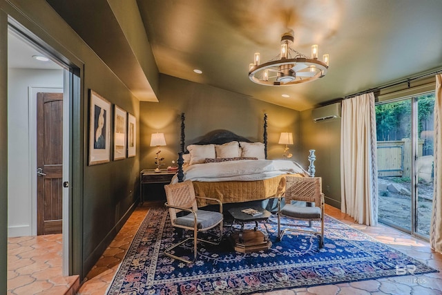 bedroom featuring a wall mounted air conditioner, access to outside, and a chandelier