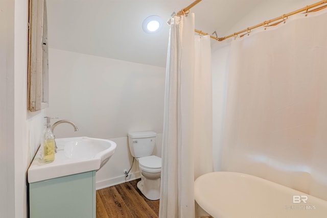 bathroom with wood-type flooring, toilet, vaulted ceiling, and vanity