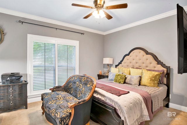 bedroom featuring ornamental molding, ceiling fan, and light carpet