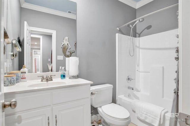 full bathroom featuring shower / tub combination, vanity, crown molding, and toilet