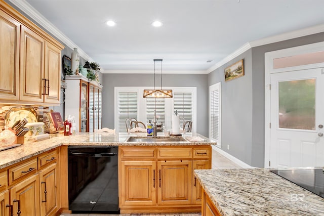 kitchen with hanging light fixtures, light stone counters, black appliances, ornamental molding, and sink