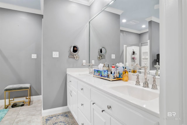 bathroom featuring ornamental molding, tile patterned flooring, vanity, and a shower with shower door