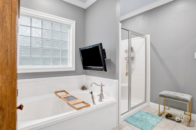 bathroom with plus walk in shower, ornamental molding, and tile patterned floors