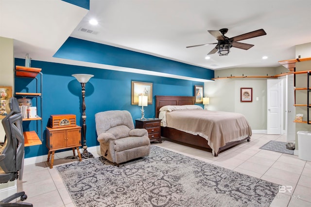 tiled bedroom with ceiling fan