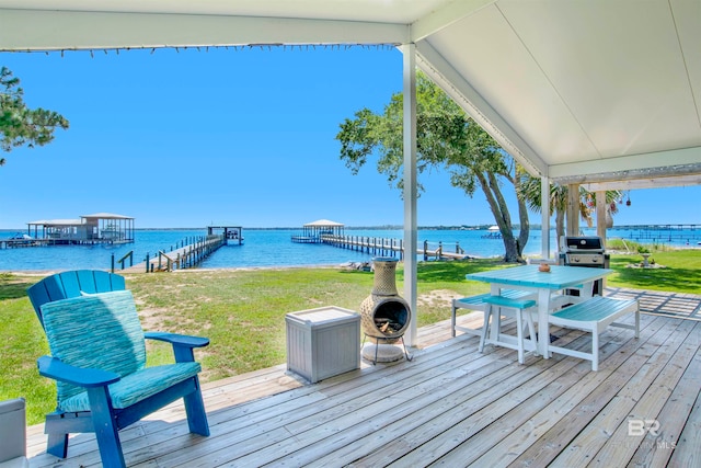 wooden terrace with a boat dock, a water view, and a lawn