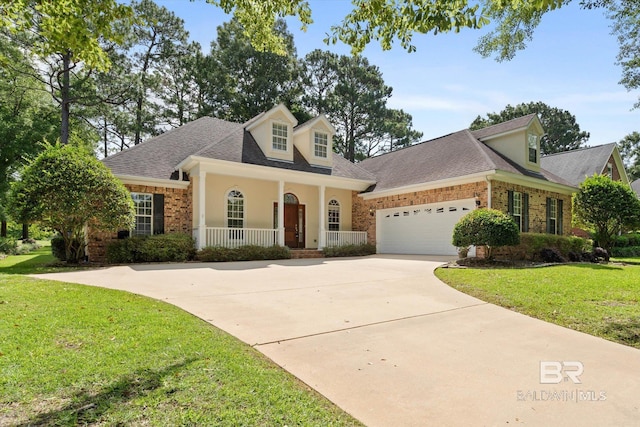 9529 Aspen Cir, Daphne, AL 36527 - cape cod house with covered porch, a garage, driveway, a front lawn, and brick siding