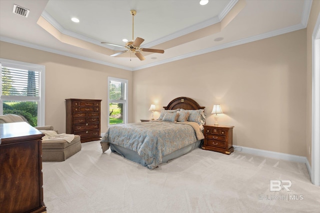 9529 Aspen Cir, Daphne, AL 36527 - bedroom with light carpet, a tray ceiling, crown molding, baseboards, and a ceiling fan