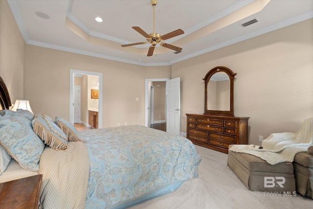 9529 Aspen Cir, Daphne, AL 36527 - bedroom featuring a raised ceiling, crown molding, light carpet, a ceiling fan, and connected bathroom