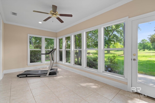 9529 Aspen Cir, Daphne, AL 36527 - exercise room with plenty of natural light, baseboards, crown molding, ceiling fan, and tile patterned floors