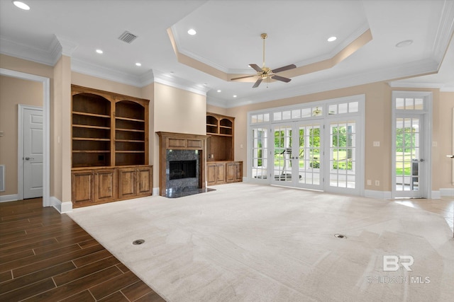 9529 Aspen Cir, Daphne, AL 36527 - unfurnished living room with ceiling fan, a fireplace, baseboards, french doors, and recessed lighting