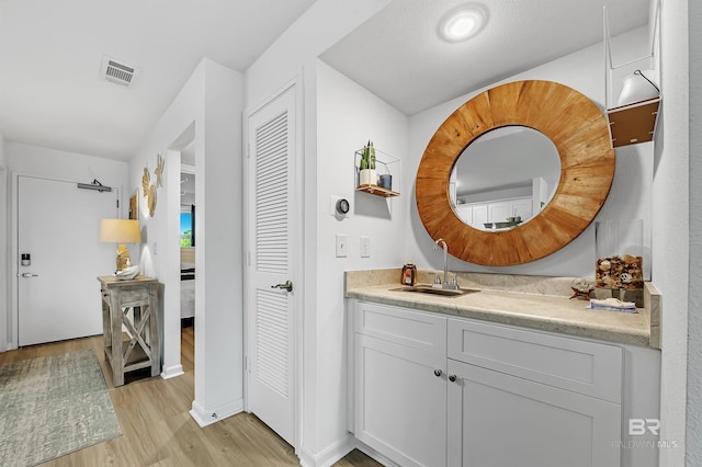 bathroom with vanity and hardwood / wood-style floors