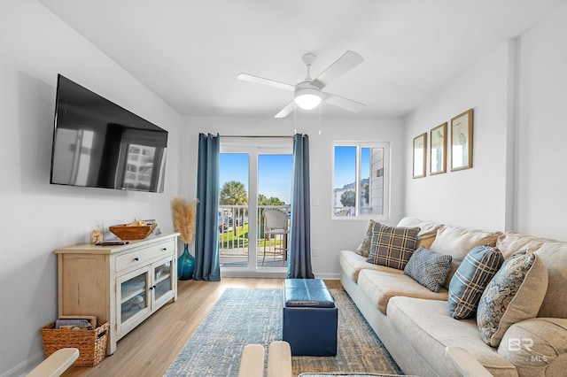 living room with light wood-type flooring and ceiling fan