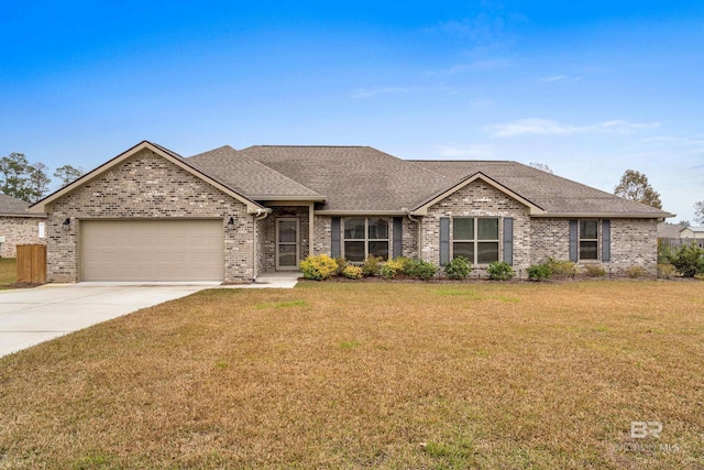 ranch-style home with a garage and a front lawn