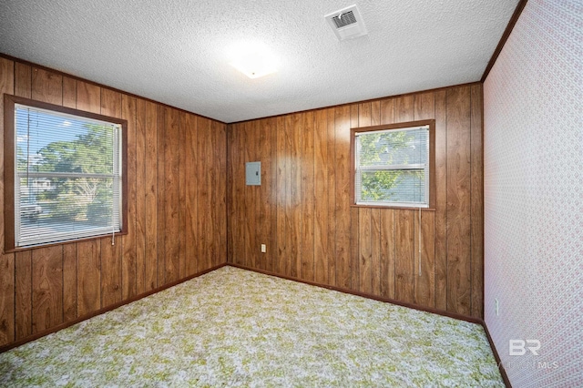 empty room featuring ornamental molding, a textured ceiling, carpet flooring, and wood walls