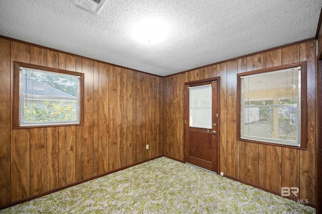 unfurnished room featuring a textured ceiling, carpet floors, and wood walls