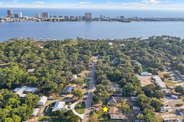 bird's eye view with a water view