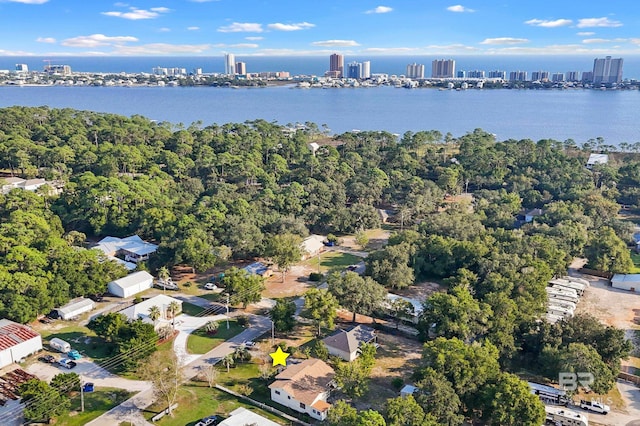 bird's eye view with a water view