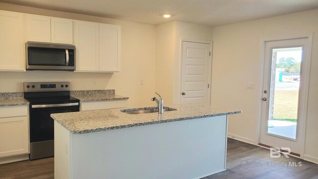 kitchen featuring light stone countertops, white cabinetry, stainless steel appliances, an island with sink, and sink