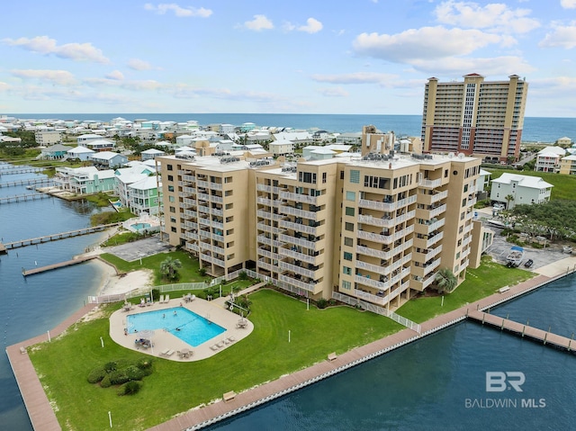 drone / aerial view featuring a water view