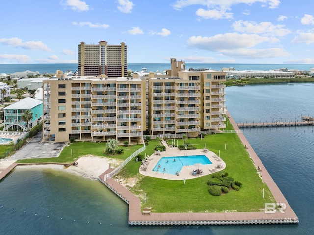 drone / aerial view featuring a water view