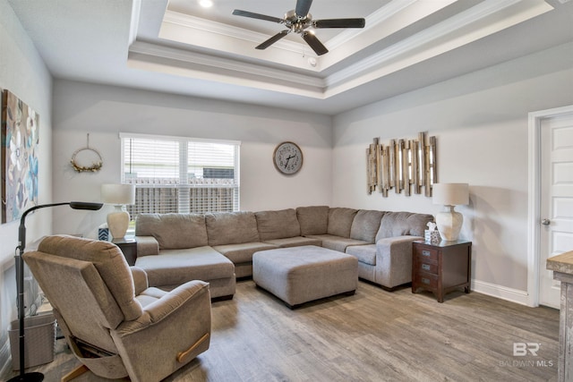 living area featuring crown molding, baseboards, ceiling fan, light wood-style flooring, and a raised ceiling