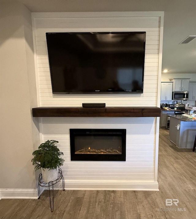 interior details with wood finished floors, baseboards, visible vents, a fireplace, and stainless steel appliances