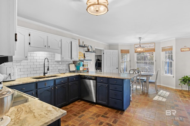 kitchen with sink, dishwasher, kitchen peninsula, pendant lighting, and white cabinets