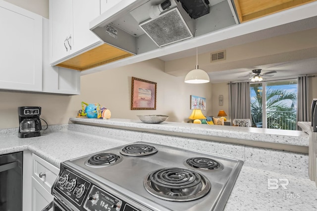 kitchen with ceiling fan, range hood, decorative light fixtures, stainless steel range oven, and white cabinetry