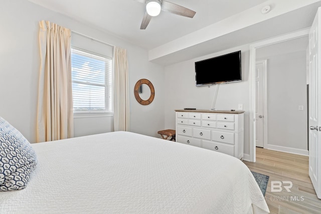 bedroom featuring light hardwood / wood-style flooring and ceiling fan