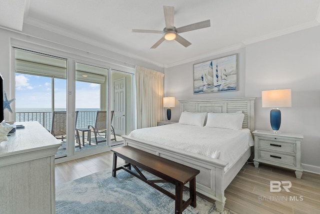 bedroom with access to outside, a water view, crown molding, ceiling fan, and light hardwood / wood-style floors