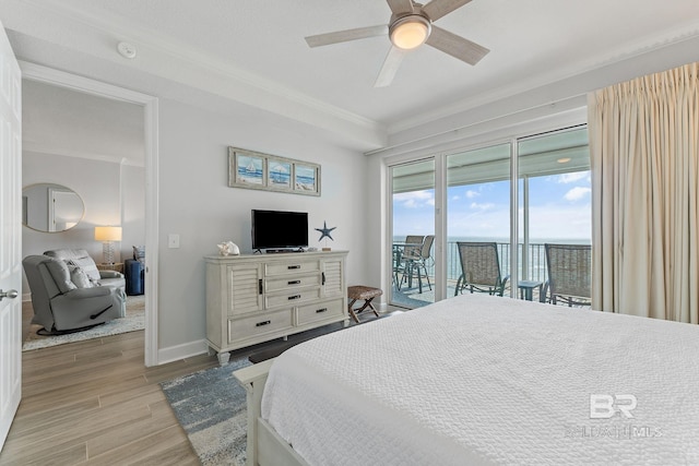 bedroom featuring ceiling fan, access to exterior, light wood-type flooring, and ornamental molding