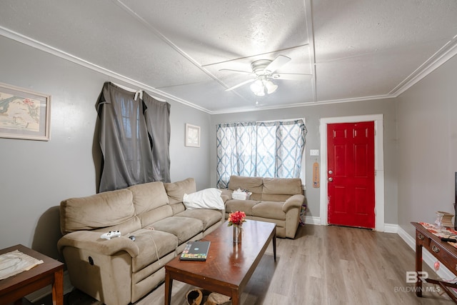 living room with a textured ceiling, ceiling fan, light hardwood / wood-style floors, and crown molding