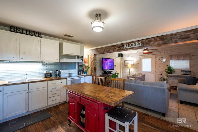 kitchen featuring wood counters, dark hardwood / wood-style floors, white cabinetry, and sink