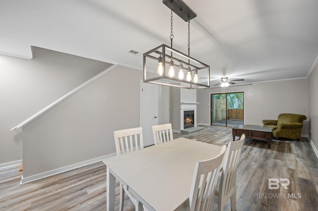 dining space with ceiling fan, wood-type flooring, and crown molding