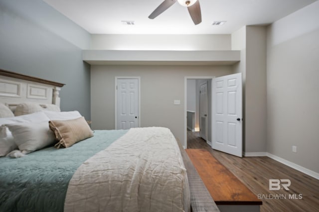 bedroom with ceiling fan and wood-type flooring