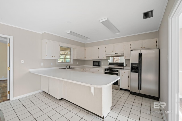 kitchen with white cabinetry, stainless steel refrigerator with ice dispenser, kitchen peninsula, stove, and a kitchen bar