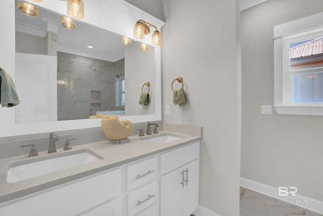 full bathroom featuring a shower stall, double vanity, marble finish floor, and a sink